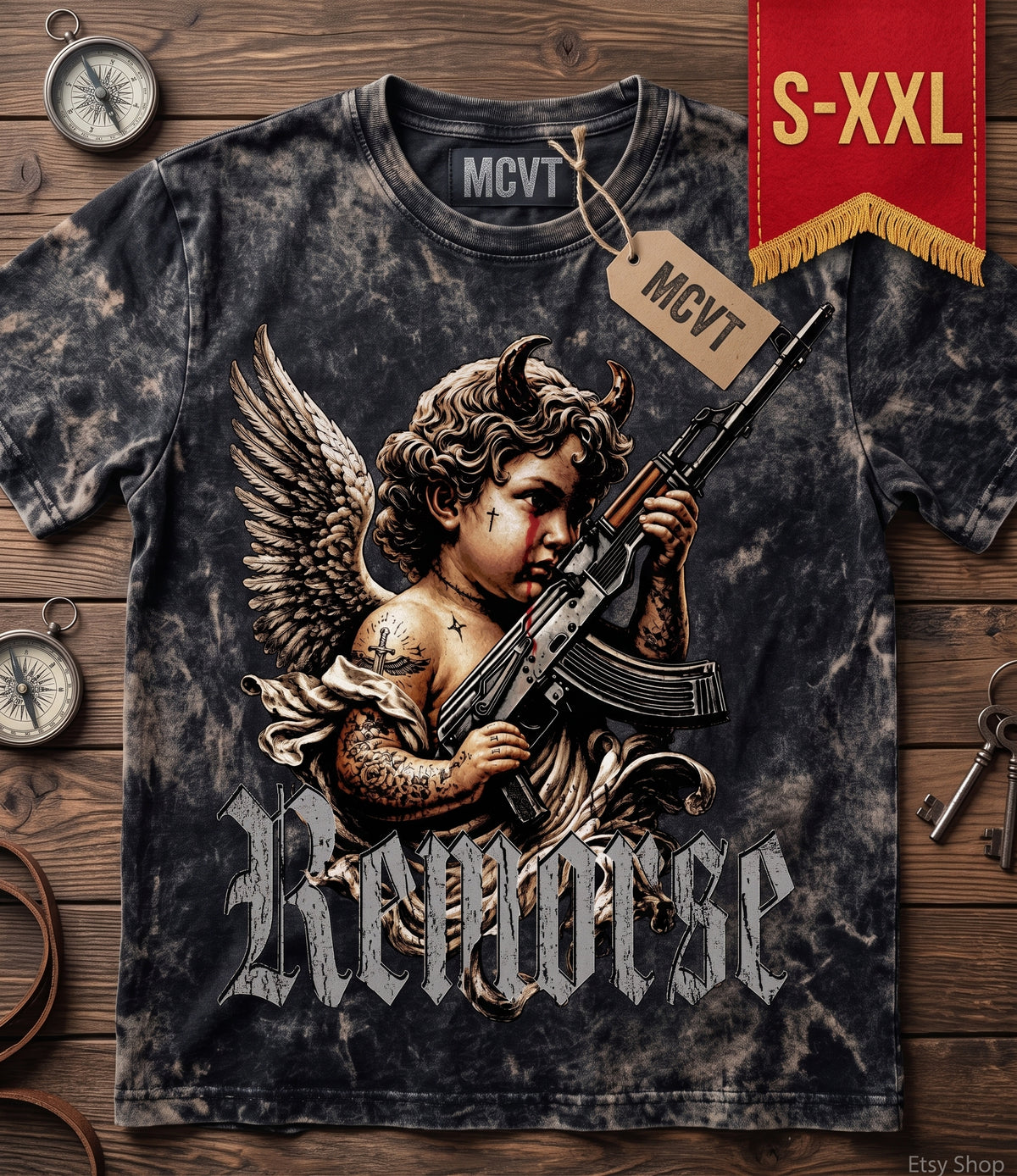 MCVT REMORSE Jumbo Print Acid Washed Vintage 90s Style Heavyweight T-Shirt