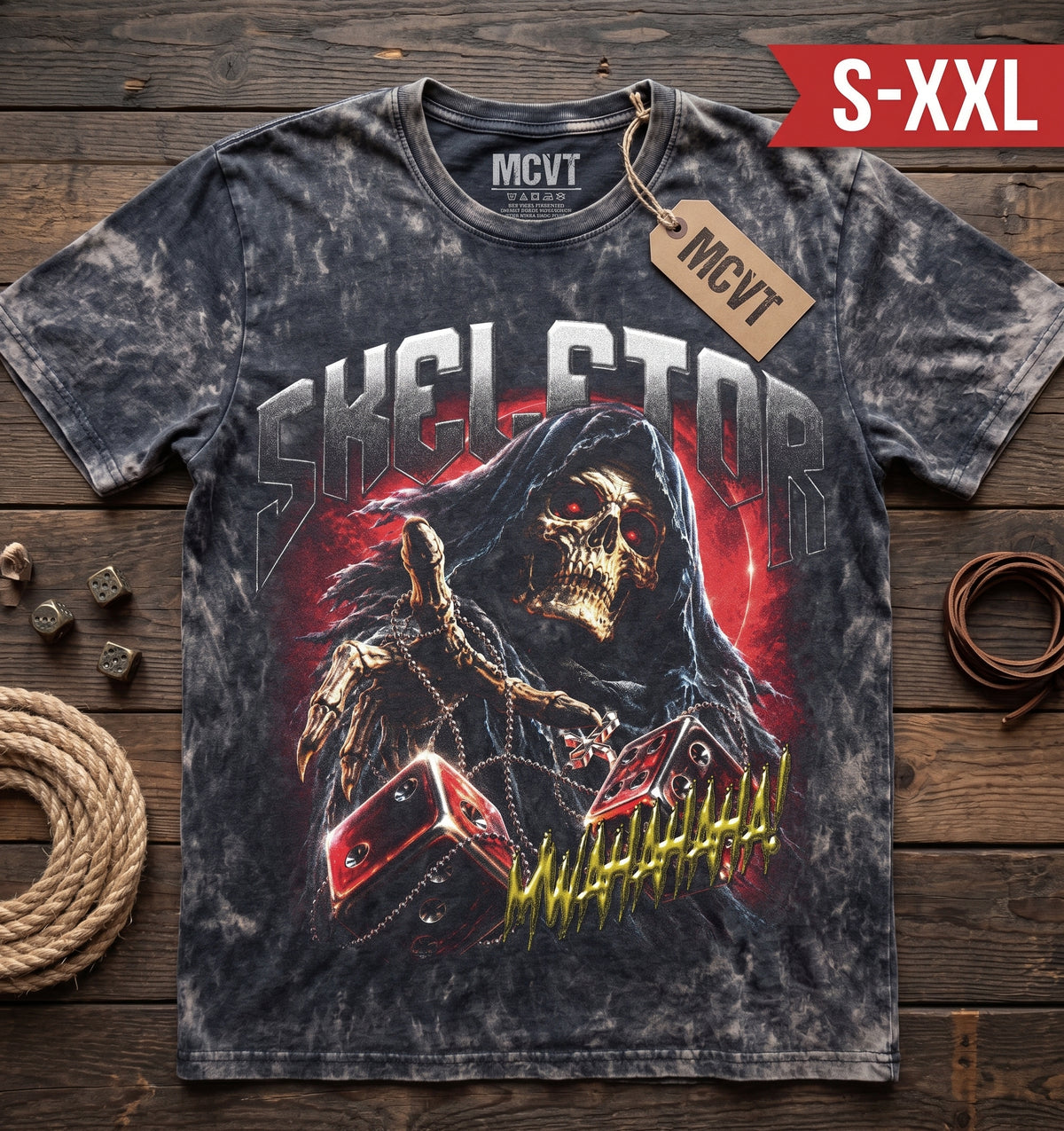 MCVT SKELETOR Jumbo Print Acid Washed Vintage 90s Style Heavyweight T-Shirt
