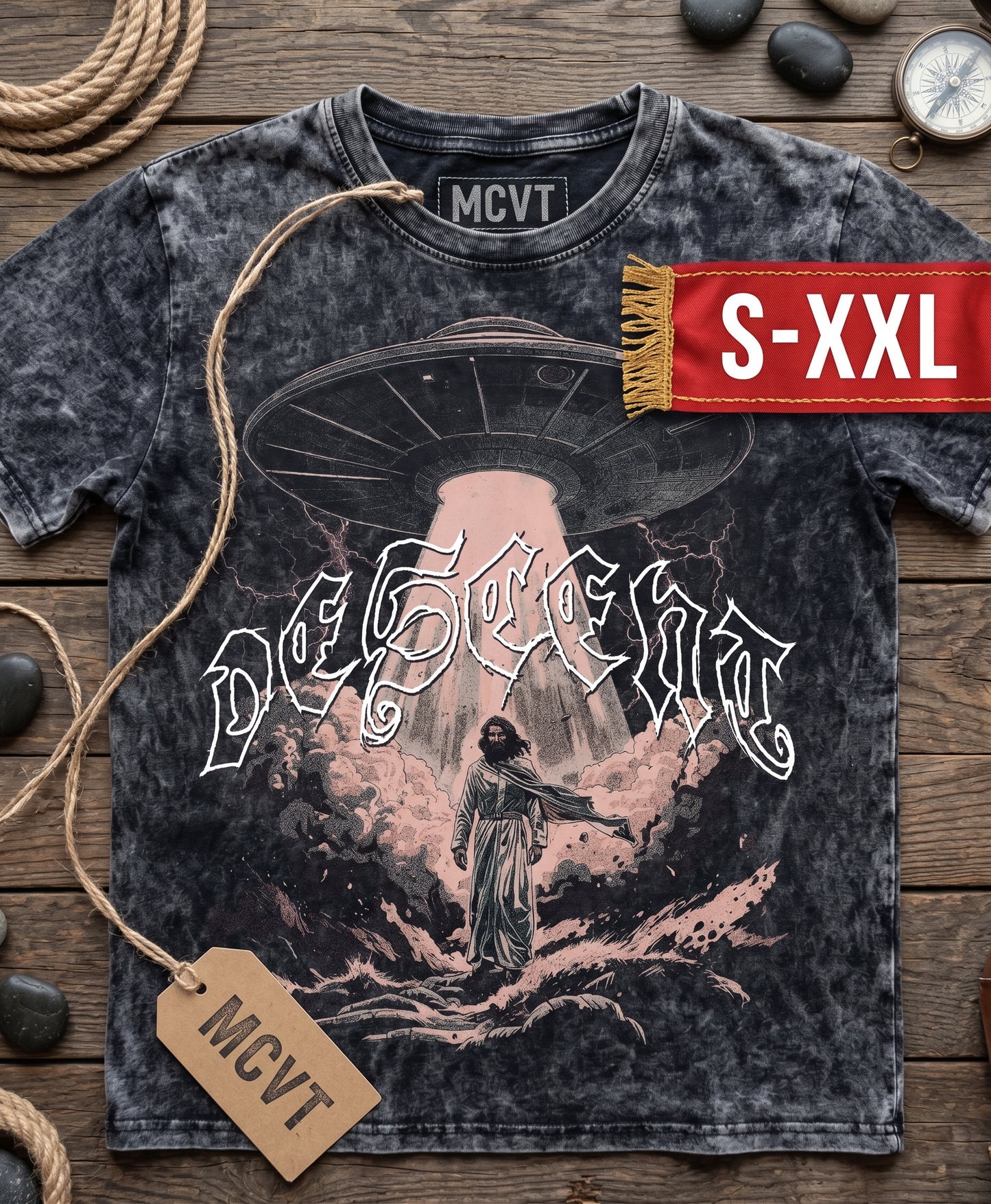 MCVT DESCENT Jumbo Print Acid Washed Vintage 90s Style Heavyweight T-Shirt