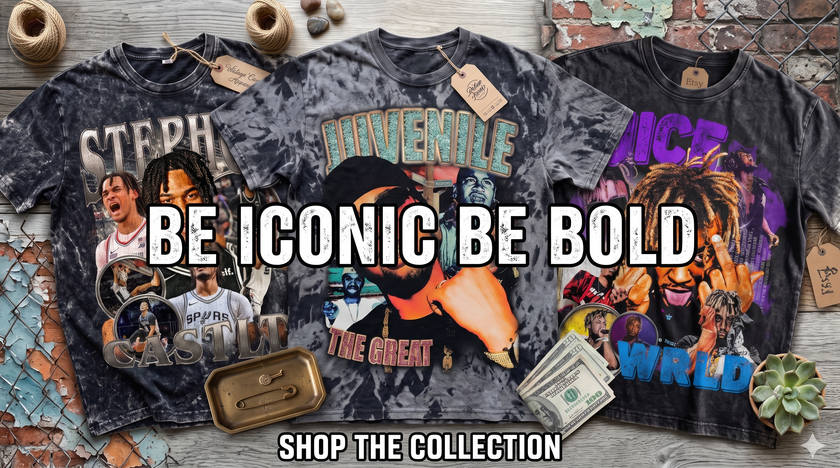Three graphic t-shirts displayed together on a rustic wooden surface with props like thread, rope, a small plant, and cash. Large overlaid text reads 'BE ICONIC BE BOLD' and 'SHOP THE COLLECTION'.