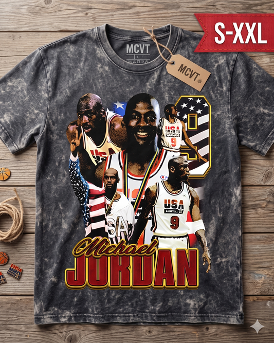 MICHAEL JORDAN BARCELONA Jumbo Print Acid Washed Vintage 90s Style Heavyweight T-Shirt