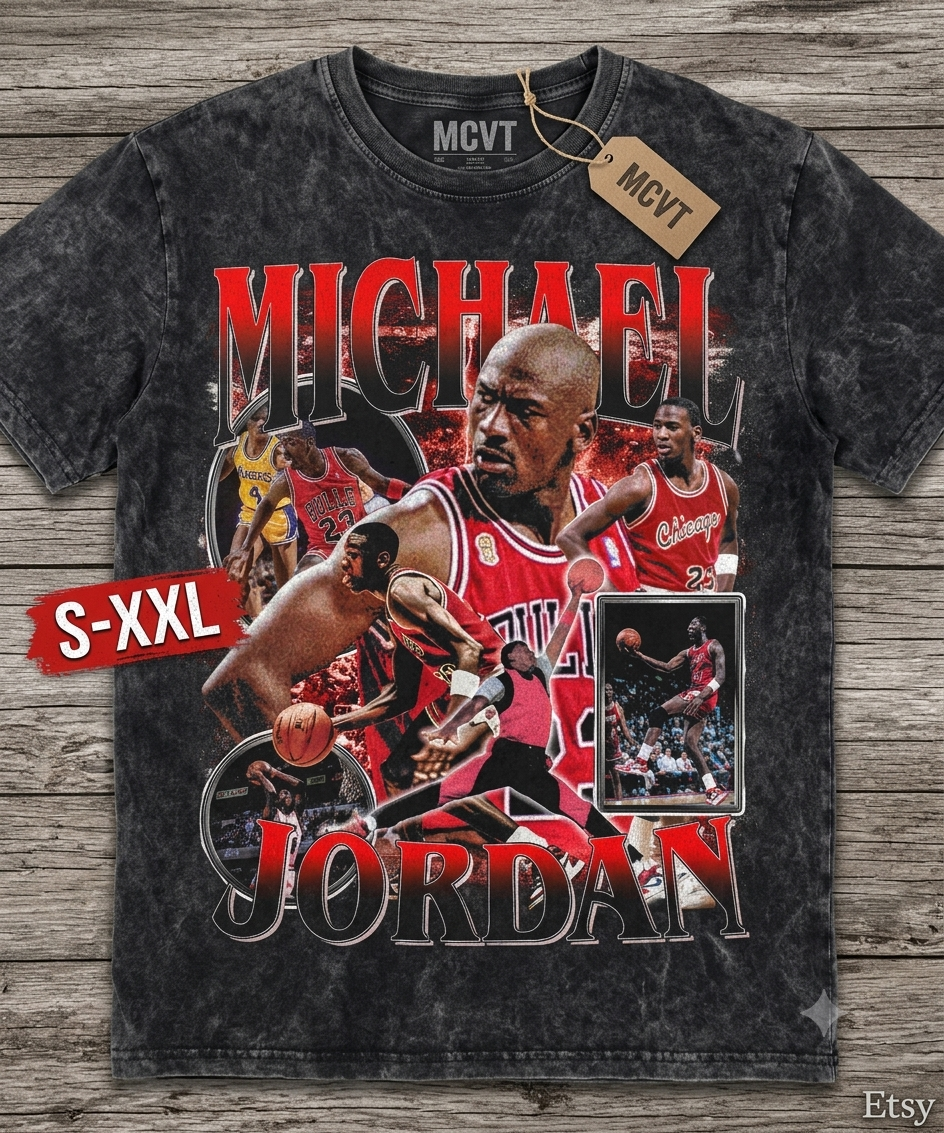 MICHAEL JORDAN Jumbo Print Acid Washed Vintage 90s Style Heavyweight T-Shirt