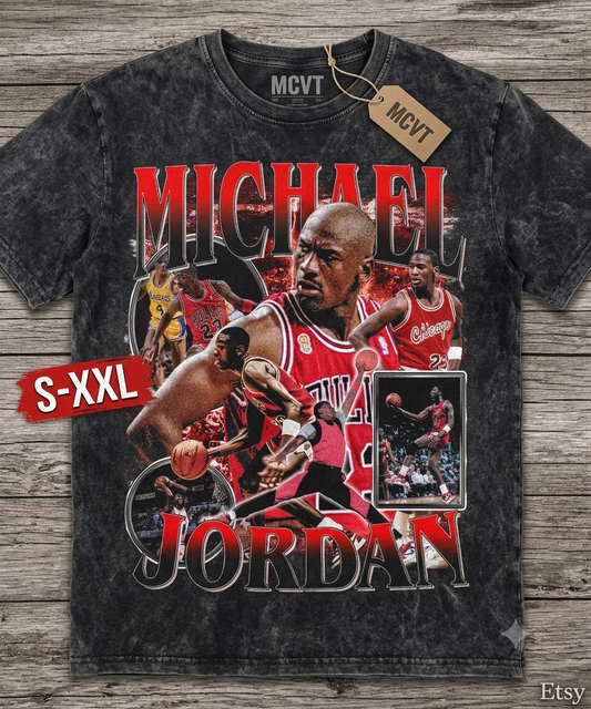 MICHAEL JORDAN Jumbo Print Acid Washed Vintage 90s Style Heavyweight T-Shirt