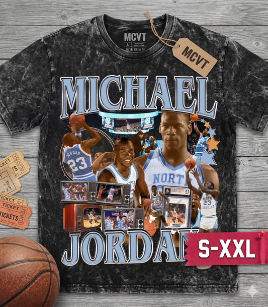 MICHAEL JORDAN UNC Jumbo Print Acid Washed Vintage 90s Style Heavyweight T-Shirt