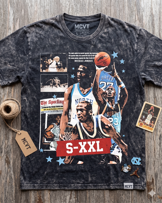 MICHAEL JORDAN UNC Jumbo Print Acid Washed Vintage 90s Style Heavyweight T-Shirt
