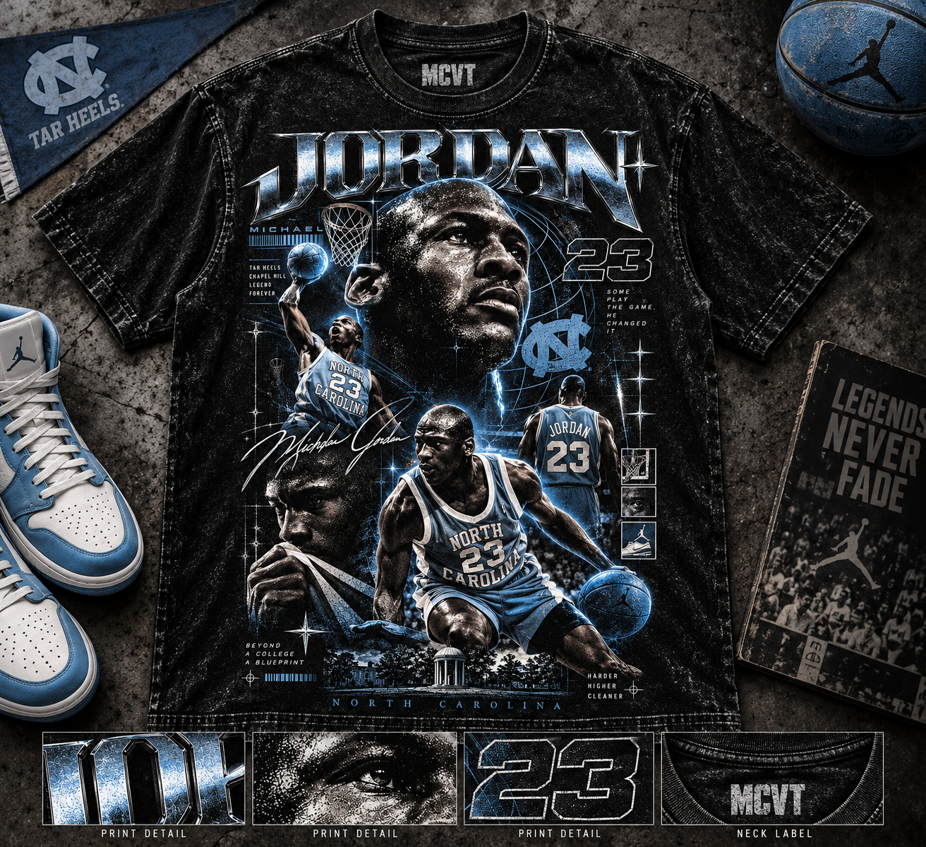 JORDAN ICONIC SERIES Jumbo Print Acid Washed Vintage 90s Style Heavyweight T-Shirt