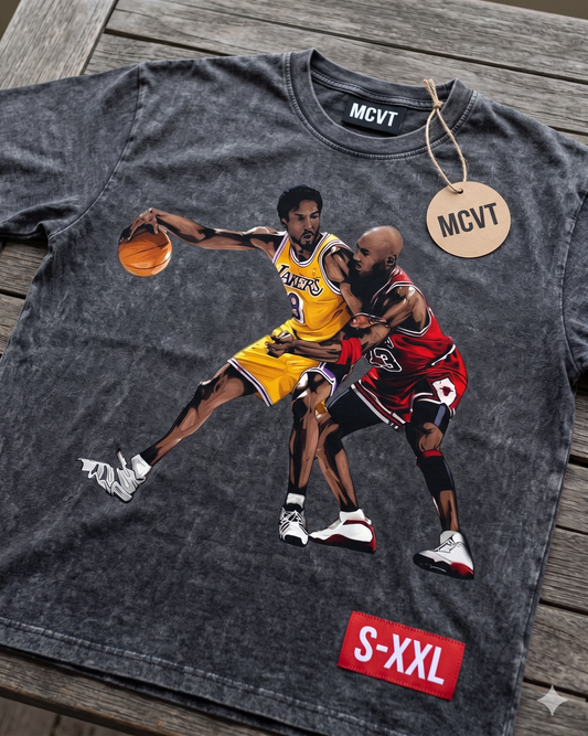 KOBE AND MIKE Jumbo Print Acid Washed Vintage 90s Style Heavyweight T-Shirt