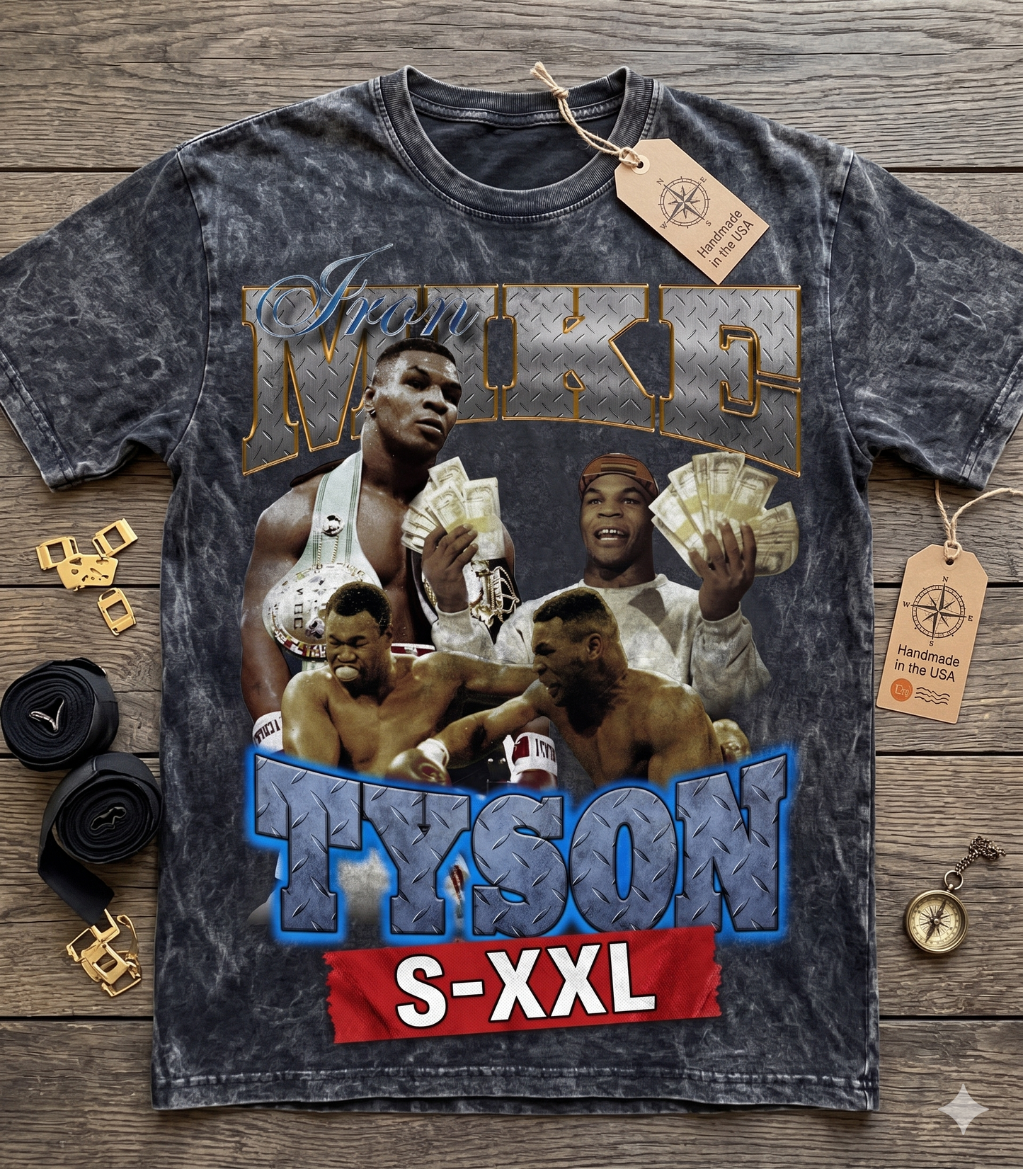 MIKE TYSON Jumbo Print Acid Washed Vintage 90s Style Heavyweight T-Shirt