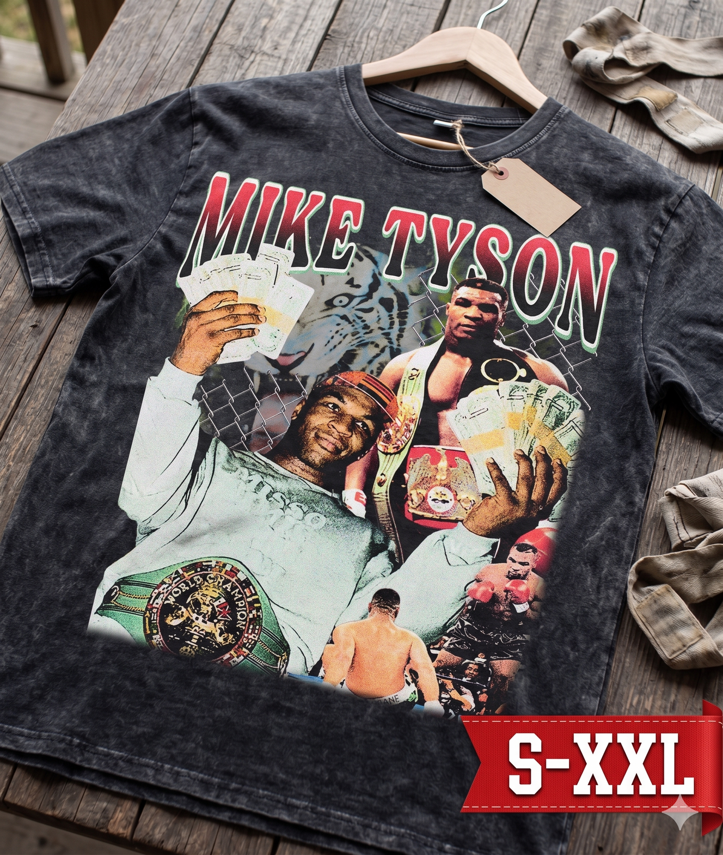 MIKE TYSON Jumbo Print Acid Washed Vintage 90s Style Heavyweight T-Shirt