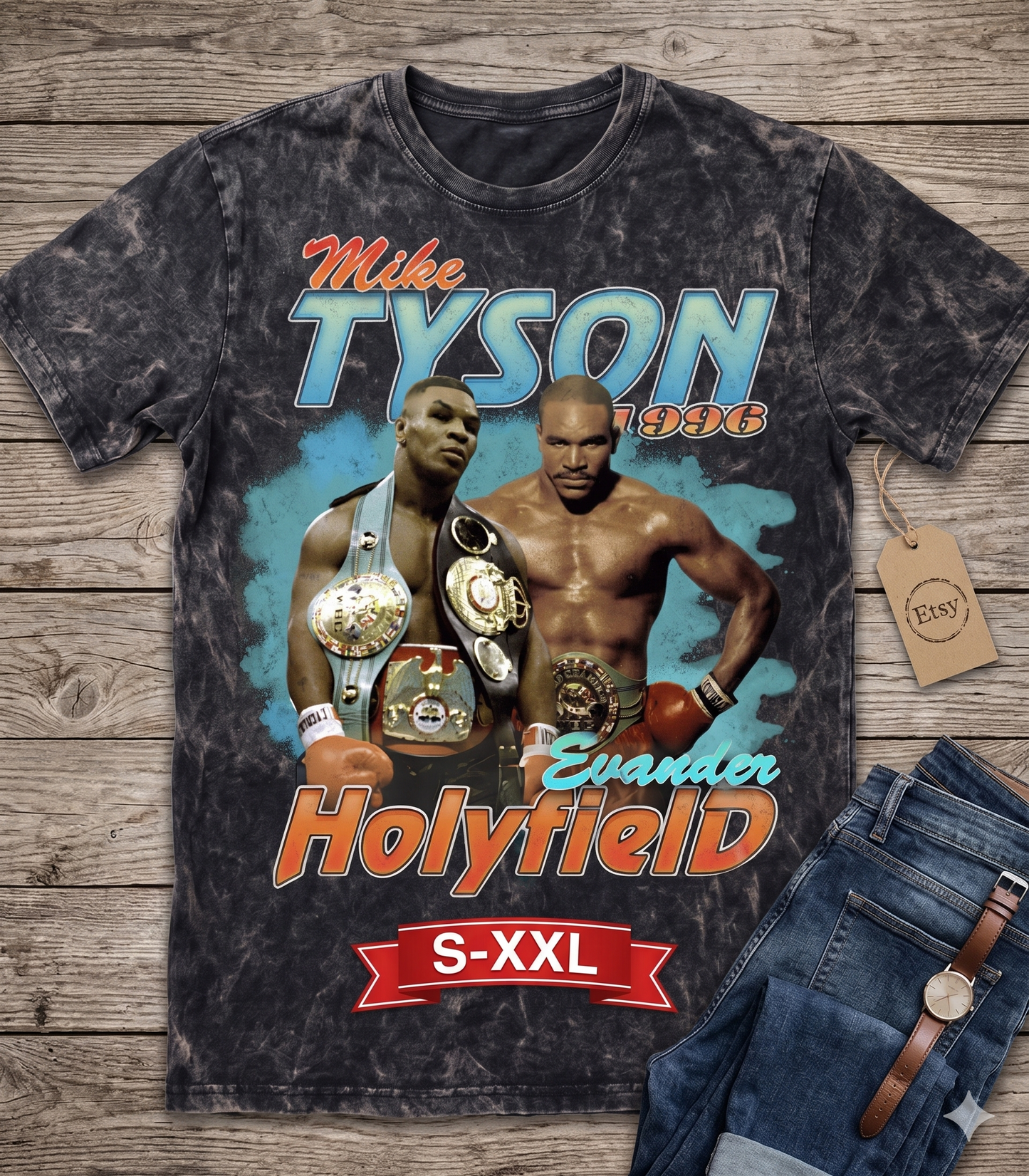 MIKE TYSON Jumbo Print Acid Washed Vintage 90s Style Heavyweight T-Shirt