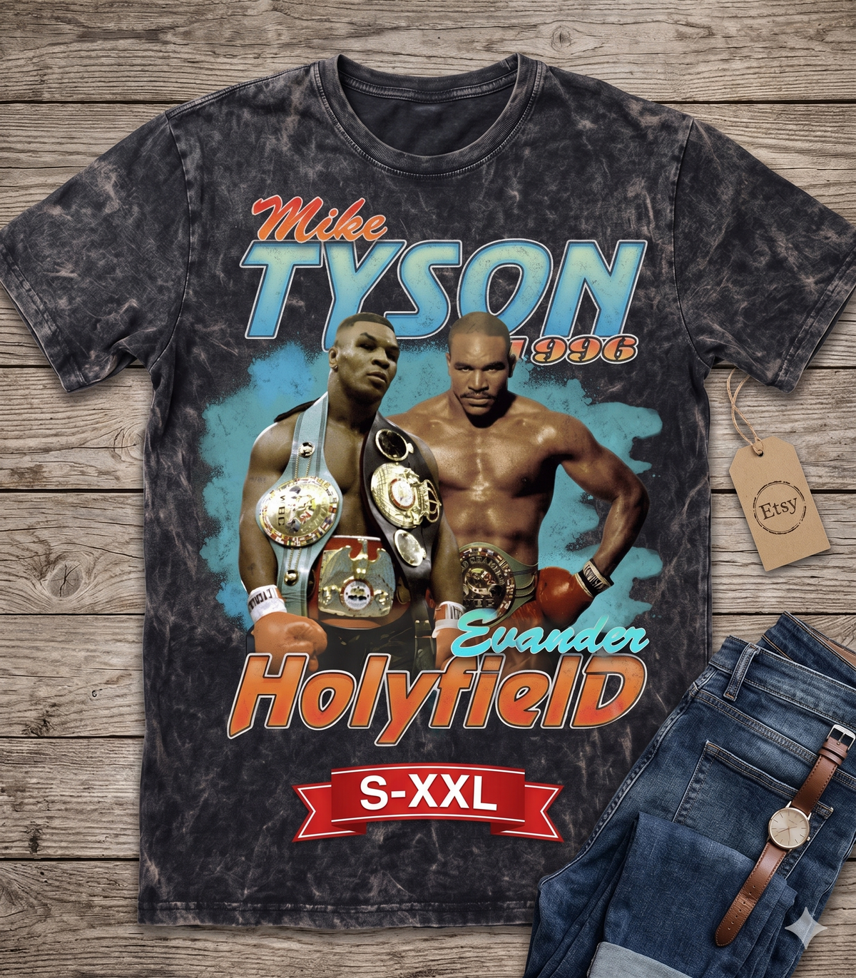 MIKE TYSON Jumbo Print Acid Washed Vintage 90s Style Heavyweight T-Shirt