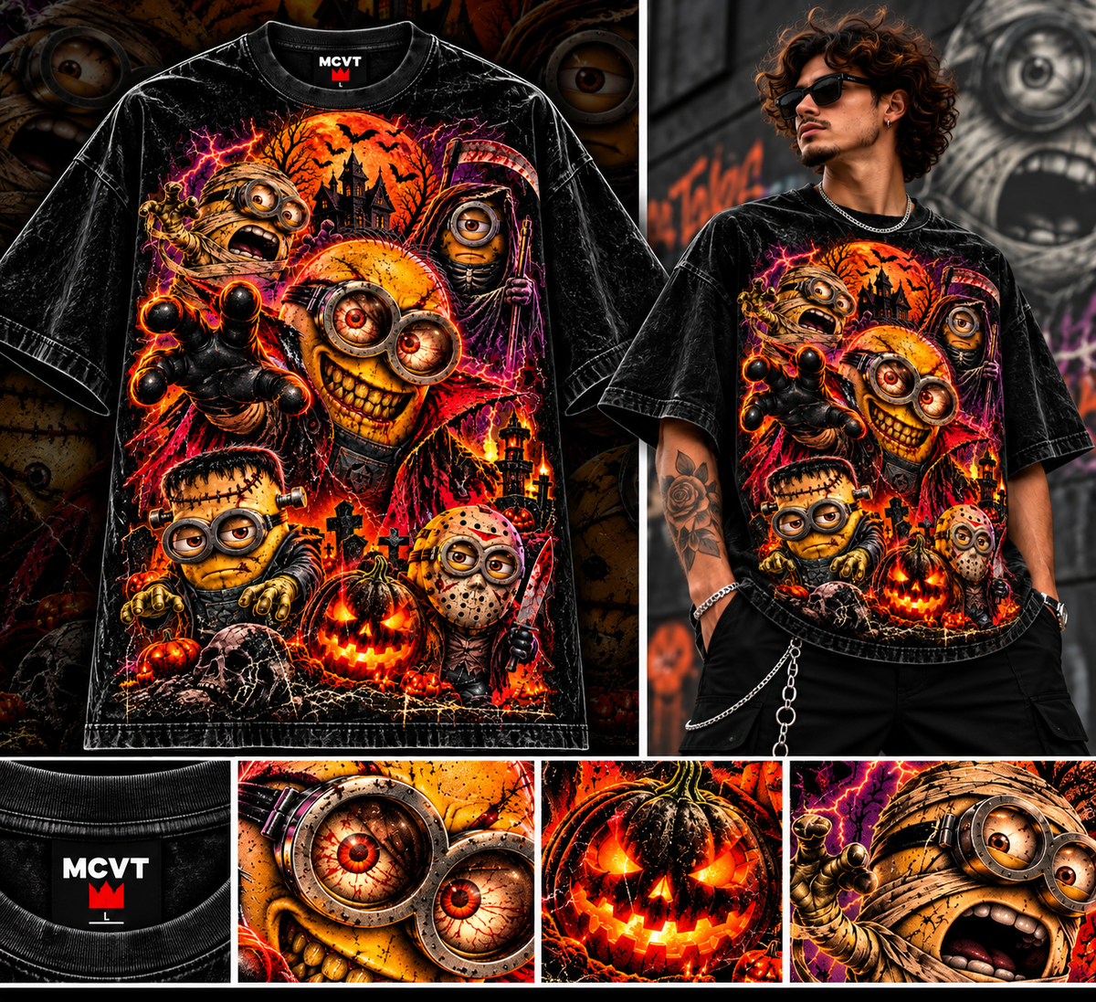 MINIONS HALLOWEEN ICONIC SERIES Jumbo Print Acid Washed Vintage 90s Style Heavyweight T-Shirt