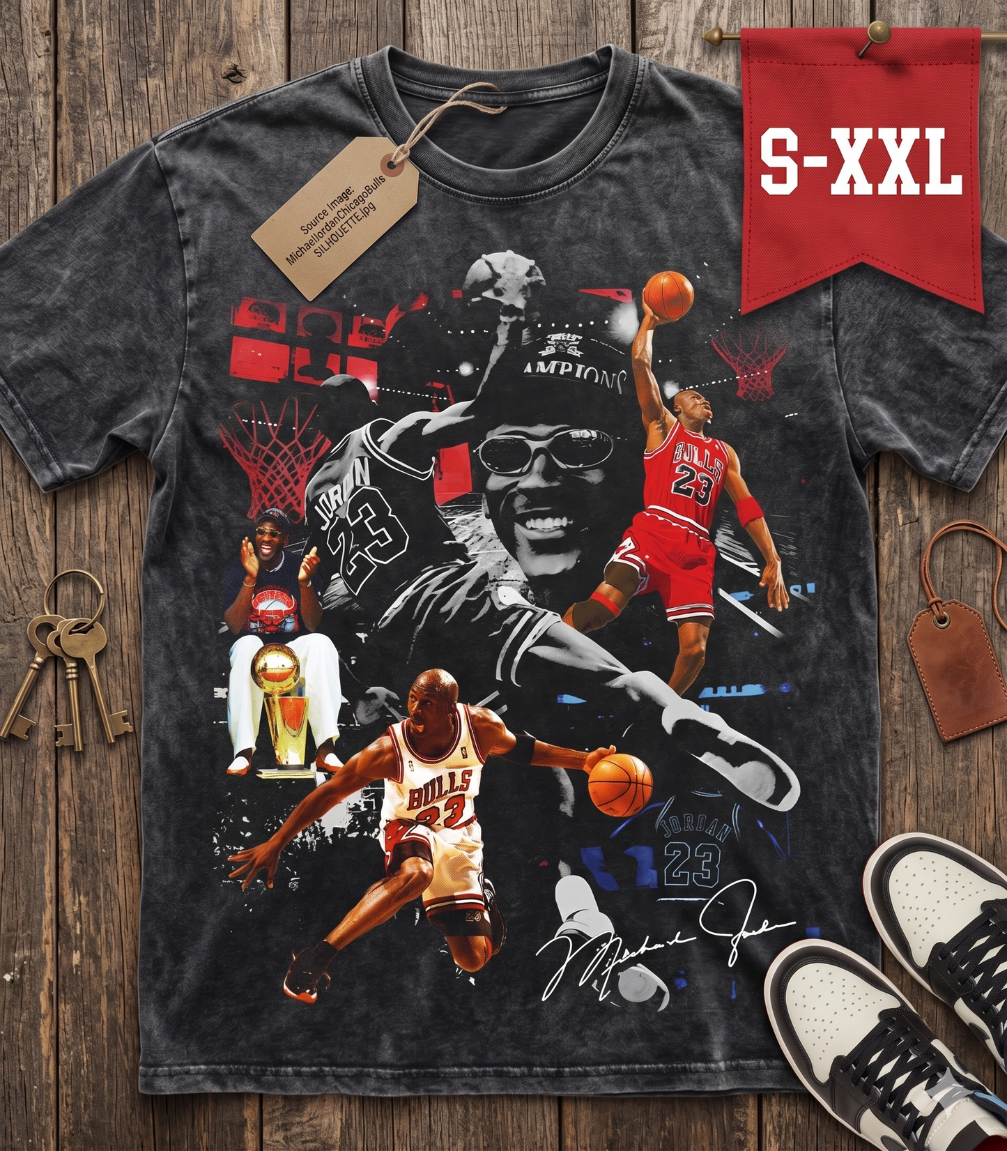 MICHAEL JORDAN Jumbo Print Acid Washed Vintage 90s Style Heavyweight T-Shirt