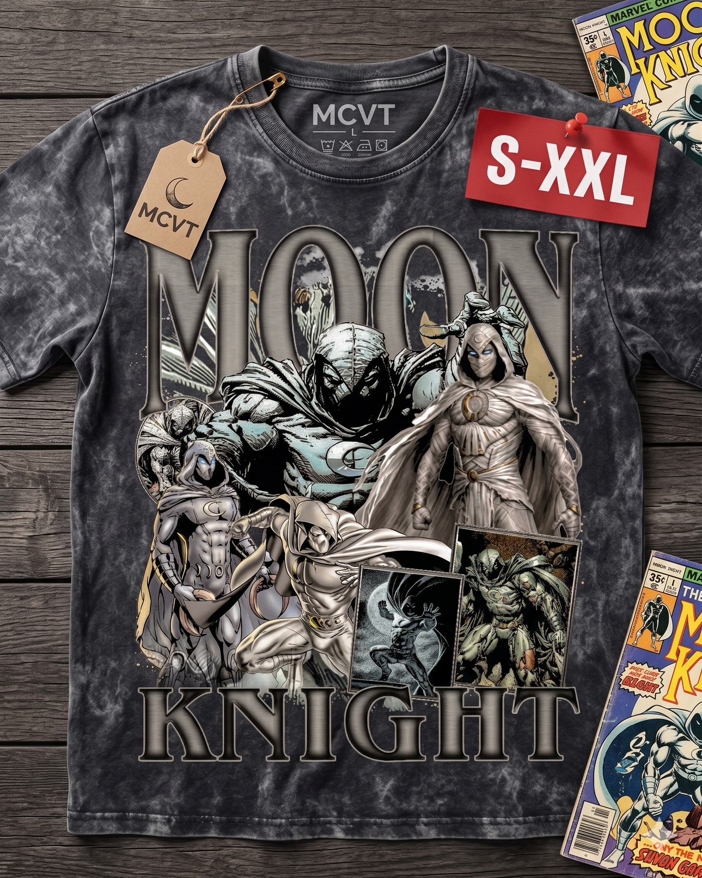 MOON KNIGHT Jumbo Print Acid Washed Vintage 90s Style Heavyweight T-Shirt