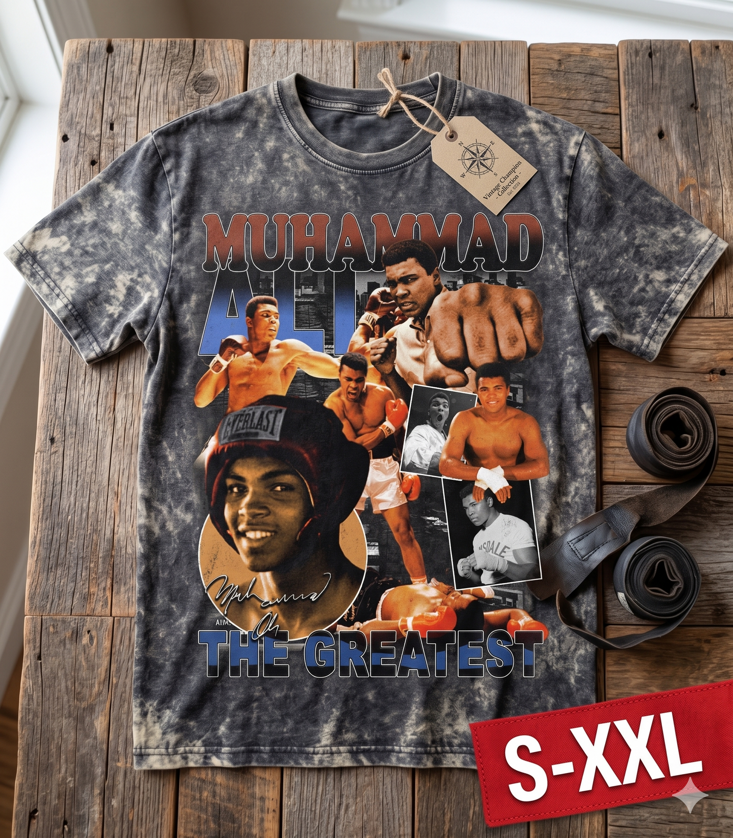 MUHAMMAD ALI Jumbo Print Acid Washed Vintage 90s Style Heavyweight T-Shirt
