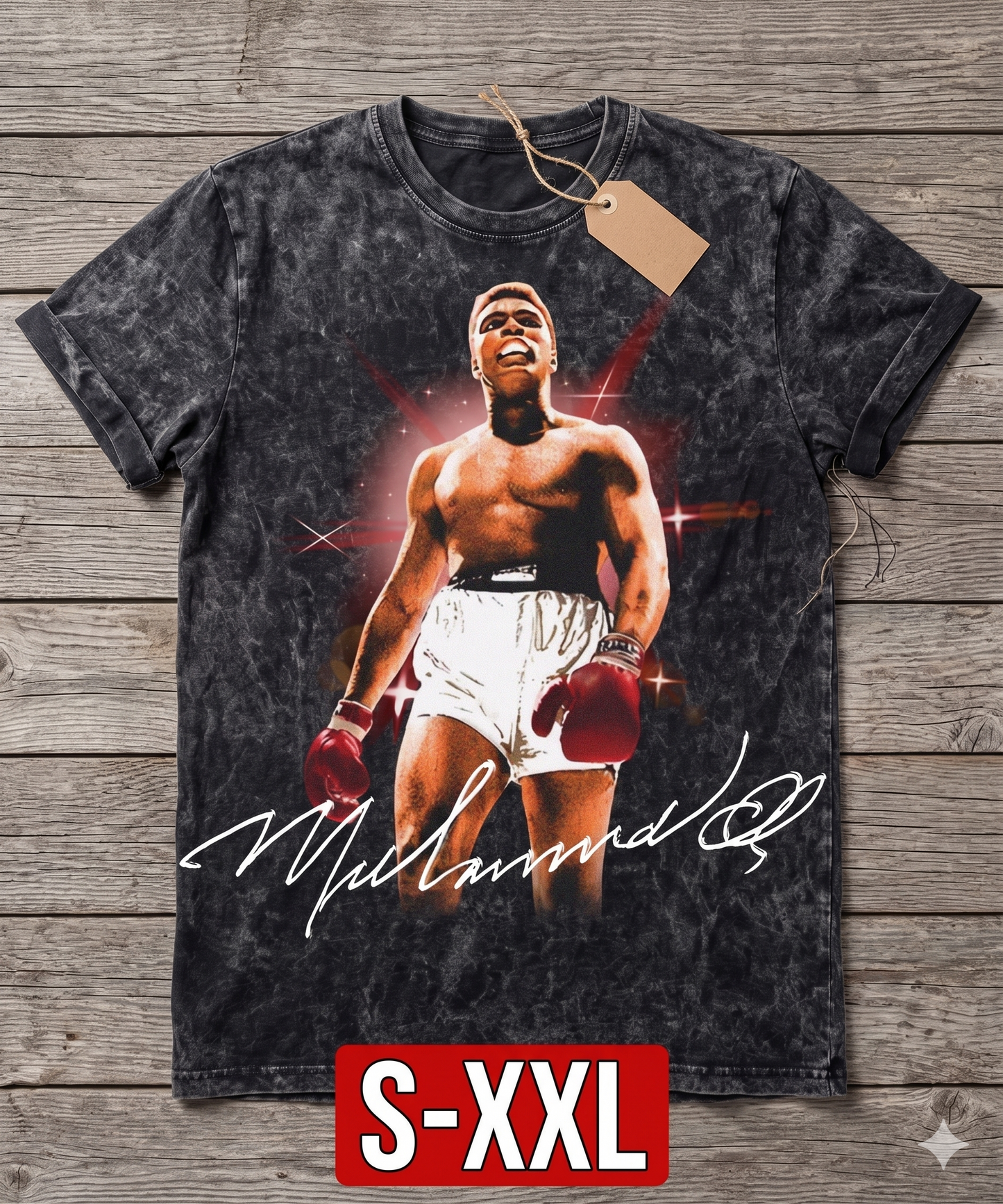 MUHAMMAD ALI Jumbo Print Acid Washed Vintage 90s Style Heavyweight T-Shirt