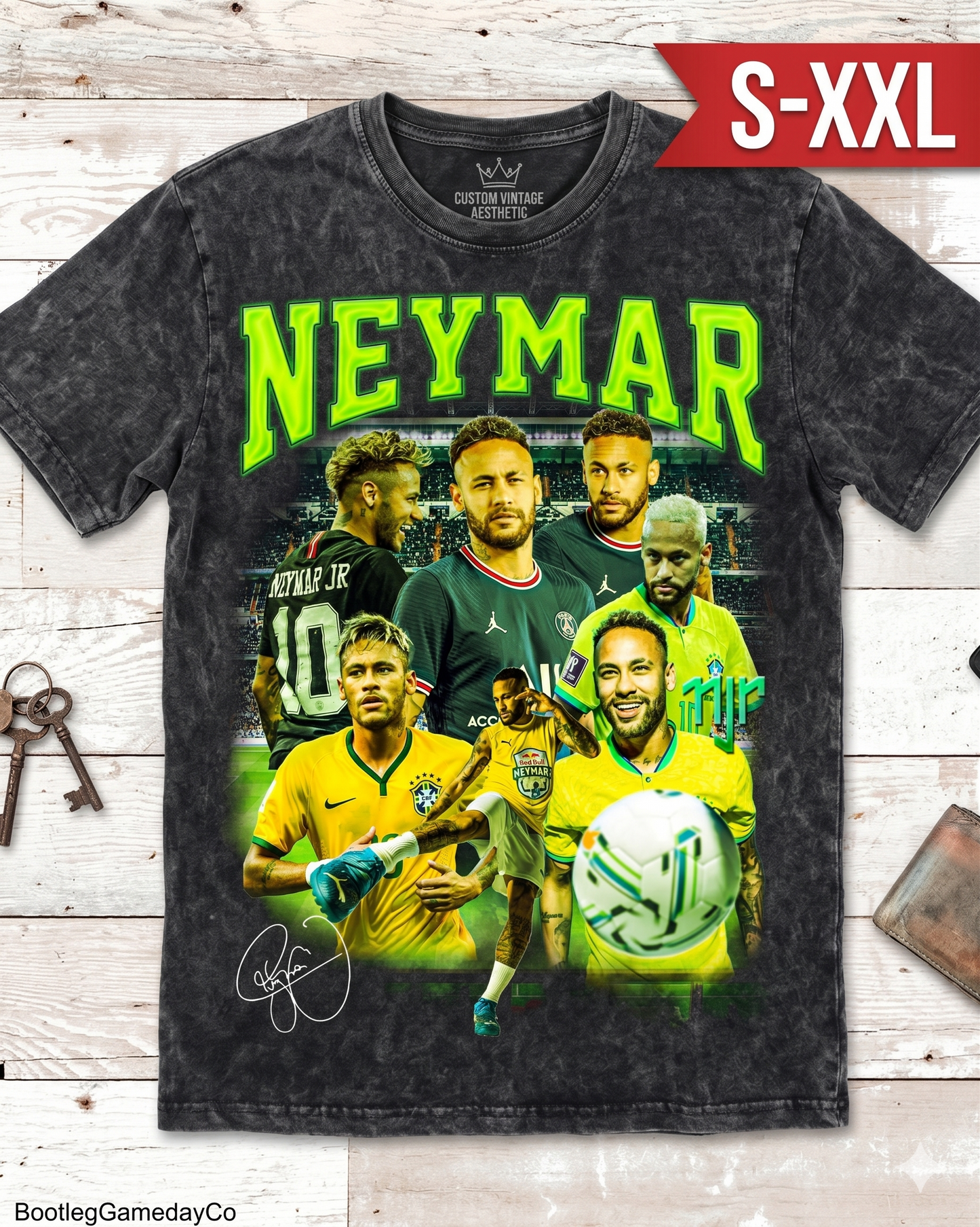 NEYMAR Jumbo Print Acid Washed Vintage 90s Style Heavyweight T-Shirt