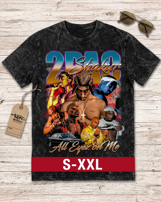 2PAC Jumbo Print Acid Washed Vintage 90s Style Heavyweight T Shirt