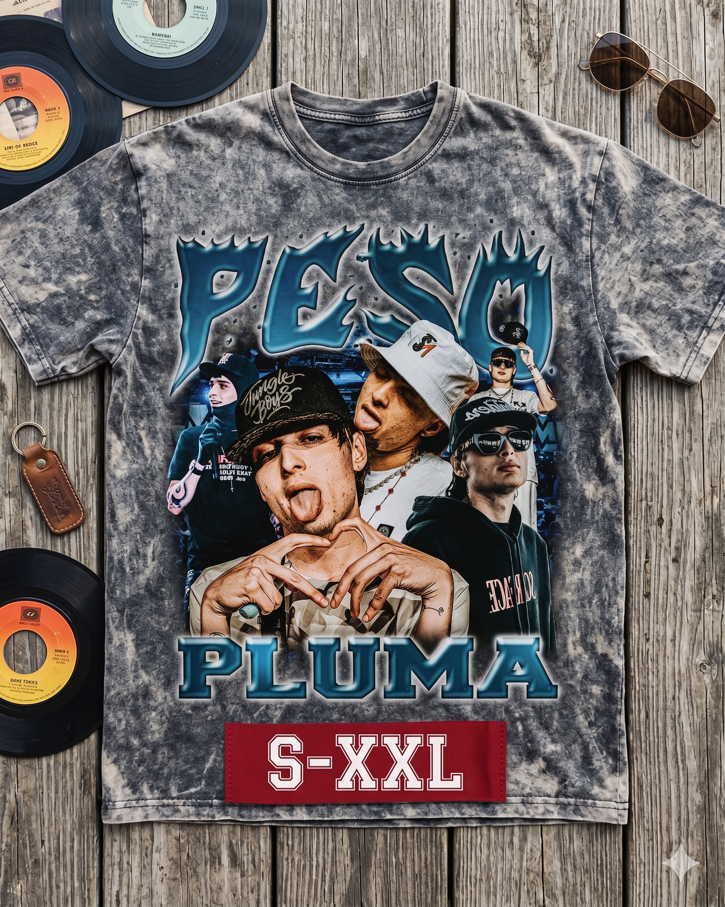 PESO PLUMA Jumbo Print Acid Washed Vintage 90s Style Heavyweight T Shirt