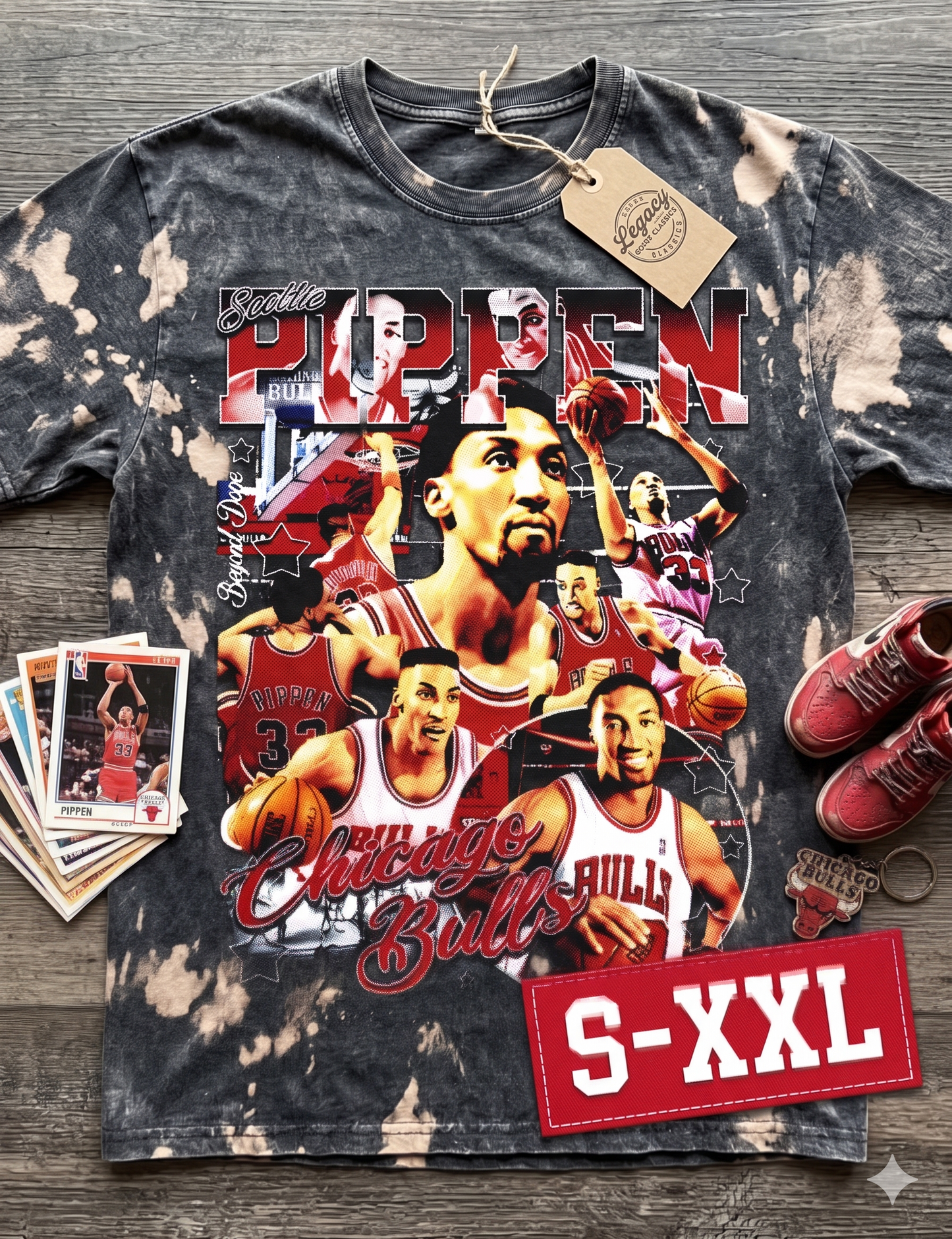 SCOTTIE PIPPEN Jumbo Print Acid Washed Vintage 90s Style Heavyweight T Shirt