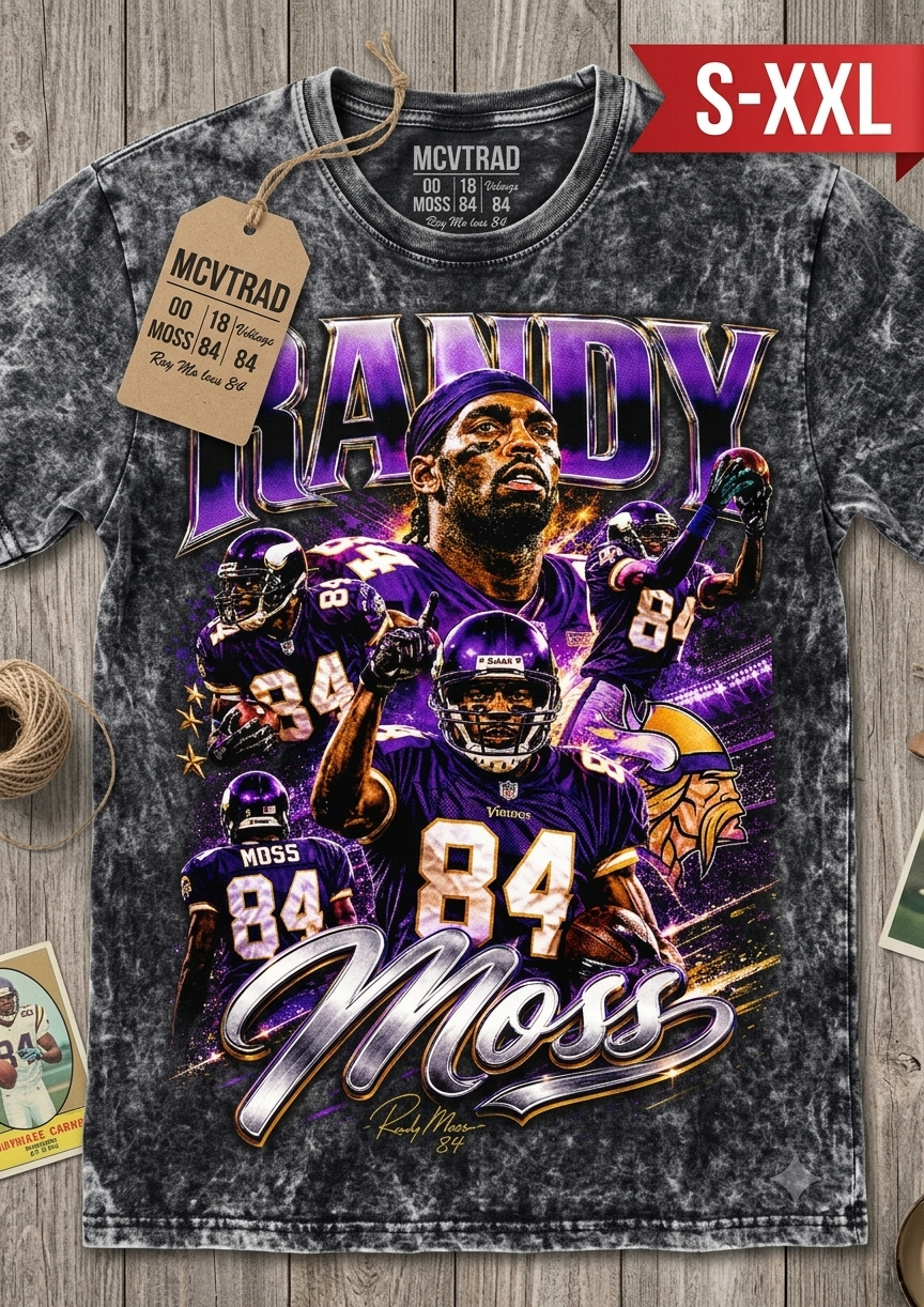 RANDY MOSS Jumbo Print Acid Washed Vintage 90s Style Heavyweight T-Shirt