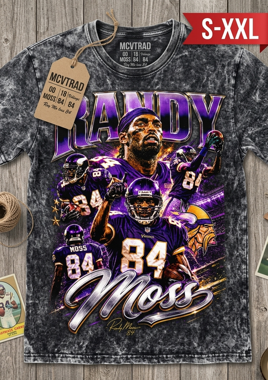 RANDY MOSS Jumbo Print Acid Washed Vintage 90s Style Heavyweight T-Shirt