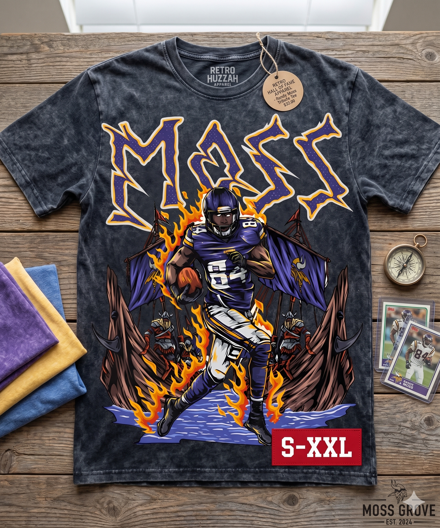 RANDY MOSS Jumbo Print Acid Washed Vintage 90s Style Heavyweight T-Shirt