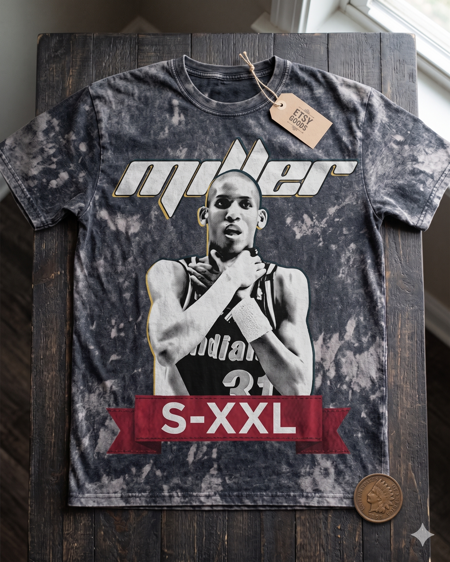 REGGIE MILLER Jumbo Print Acid Washed Vintage 90s Style Heavyweight T Shirt