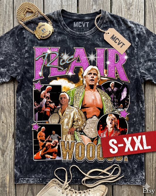 RIC FLAIR Jumbo Print Acid Washed Vintage 90s Style Heavyweight T-Shirt
