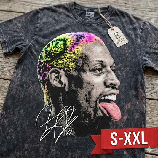 DENIIS RODMAN BIG FACE Jumbo Print Acid Washed Vintage 90s Style Heavyweight T Shirt