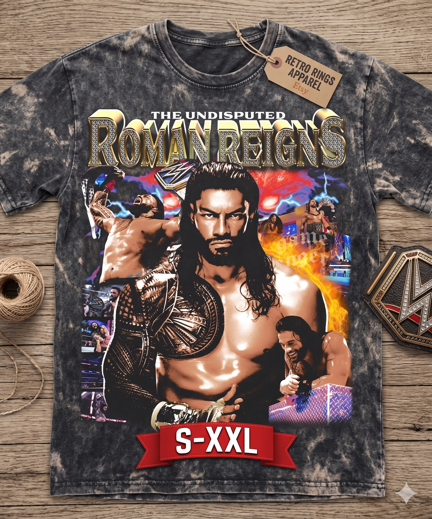 ROMAN REIGNS Jumbo Print Acid Washed Vintage 90s Style Heavyweight T-Shirt