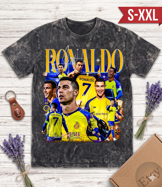 RONALDO Jumbo Print Acid Washed Vintage 90s Style Heavyweight T-Shirt