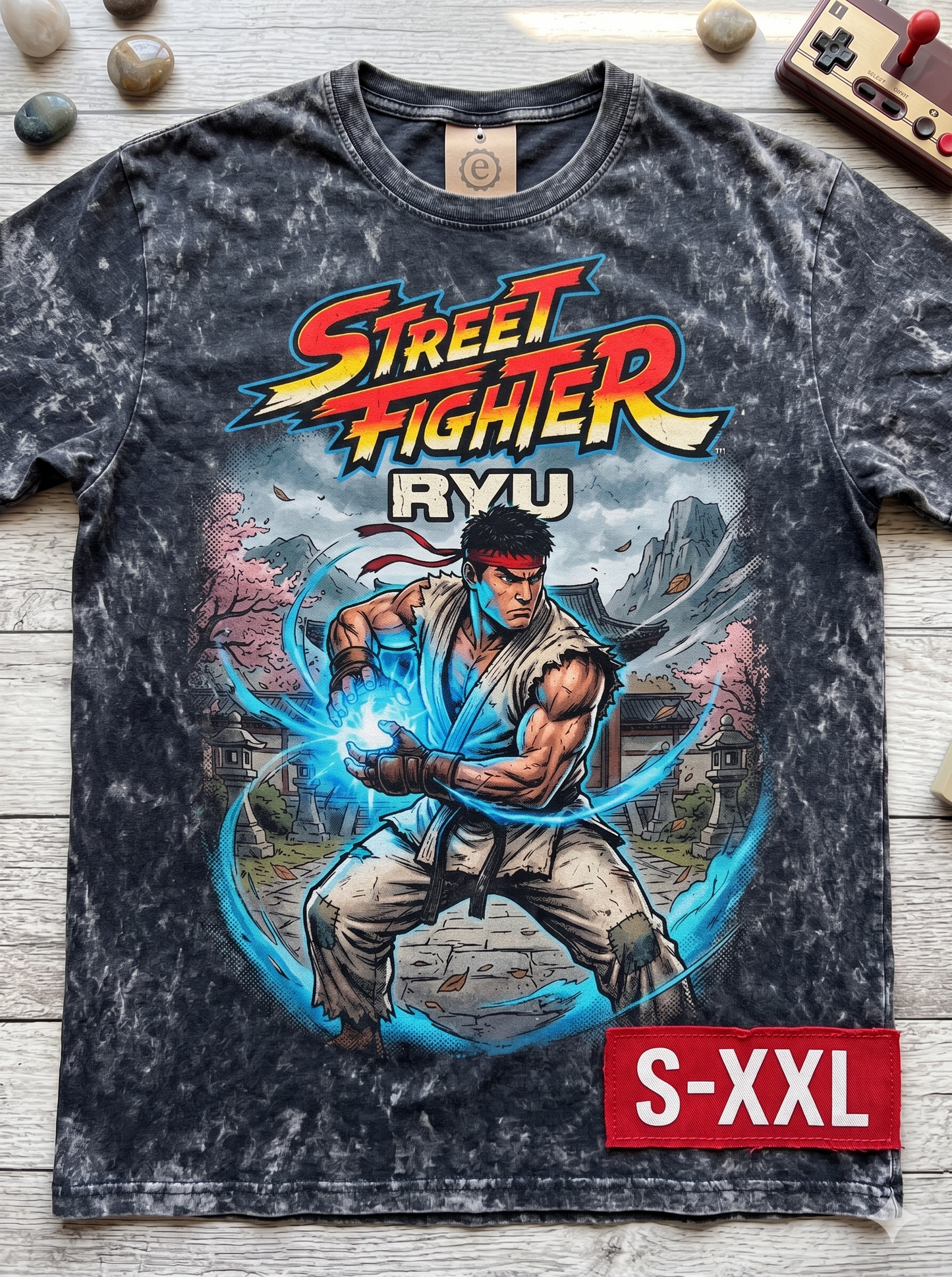 90s LEGENDS RYU Jumbo Print Acid Washed Vintage 90s Style Heavyweight T Shirt