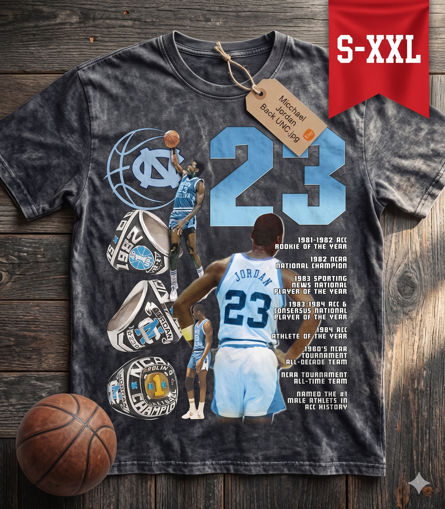 MICHAEL JORDAN UNC Jumbo Print Acid Washed Vintage 90s Style Heavyweight T-Shirt
