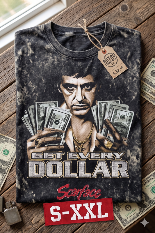 SCARFACE GET EVERY DOLLAR Jumbo Print Acid Washed Vintage 90s Style Heavyweight T-Shirt