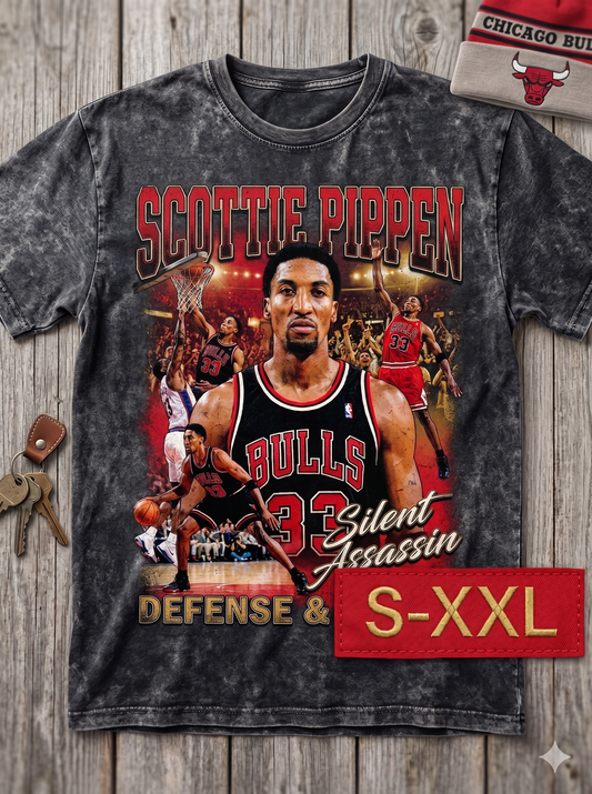 SCOTTIE PIPPEN Jumbo Print Acid Washed Vintage 90s Style Heavyweight T Shirt