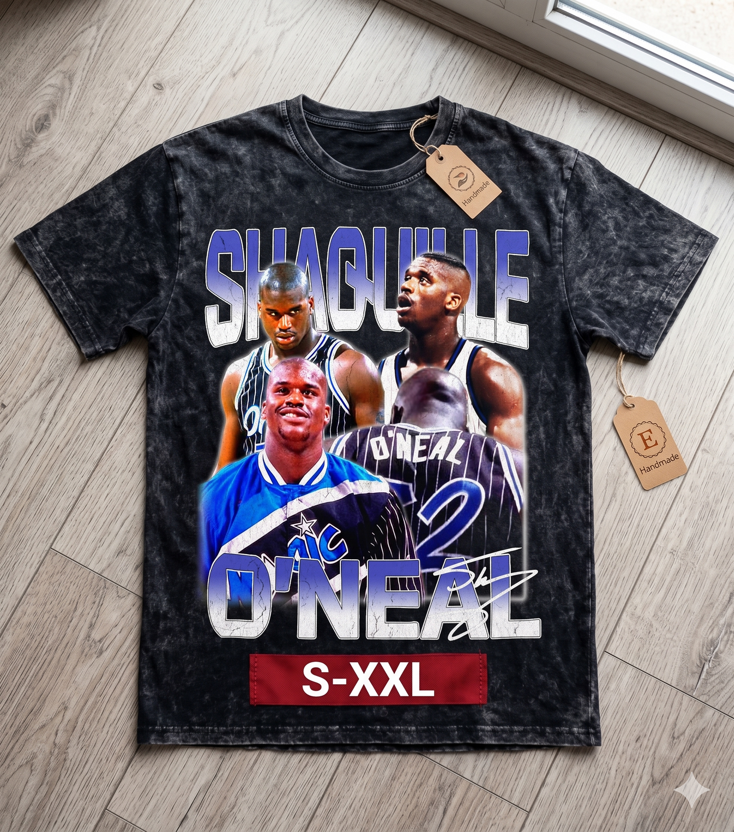 SHAQ MAGIC Jumbo Print Acid Washed Vintage 90s Style Heavyweight T Shirt