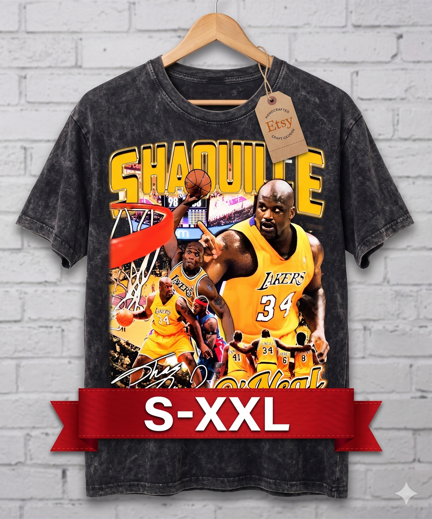 SHAQ LA Jumbo Print Acid Washed Vintage 90s Style Heavyweight T-Shirt