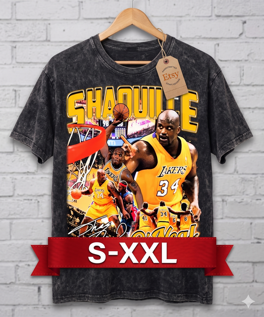 SHAQ LA Jumbo Print Acid Washed Vintage 90s Style Heavyweight T-Shirt
