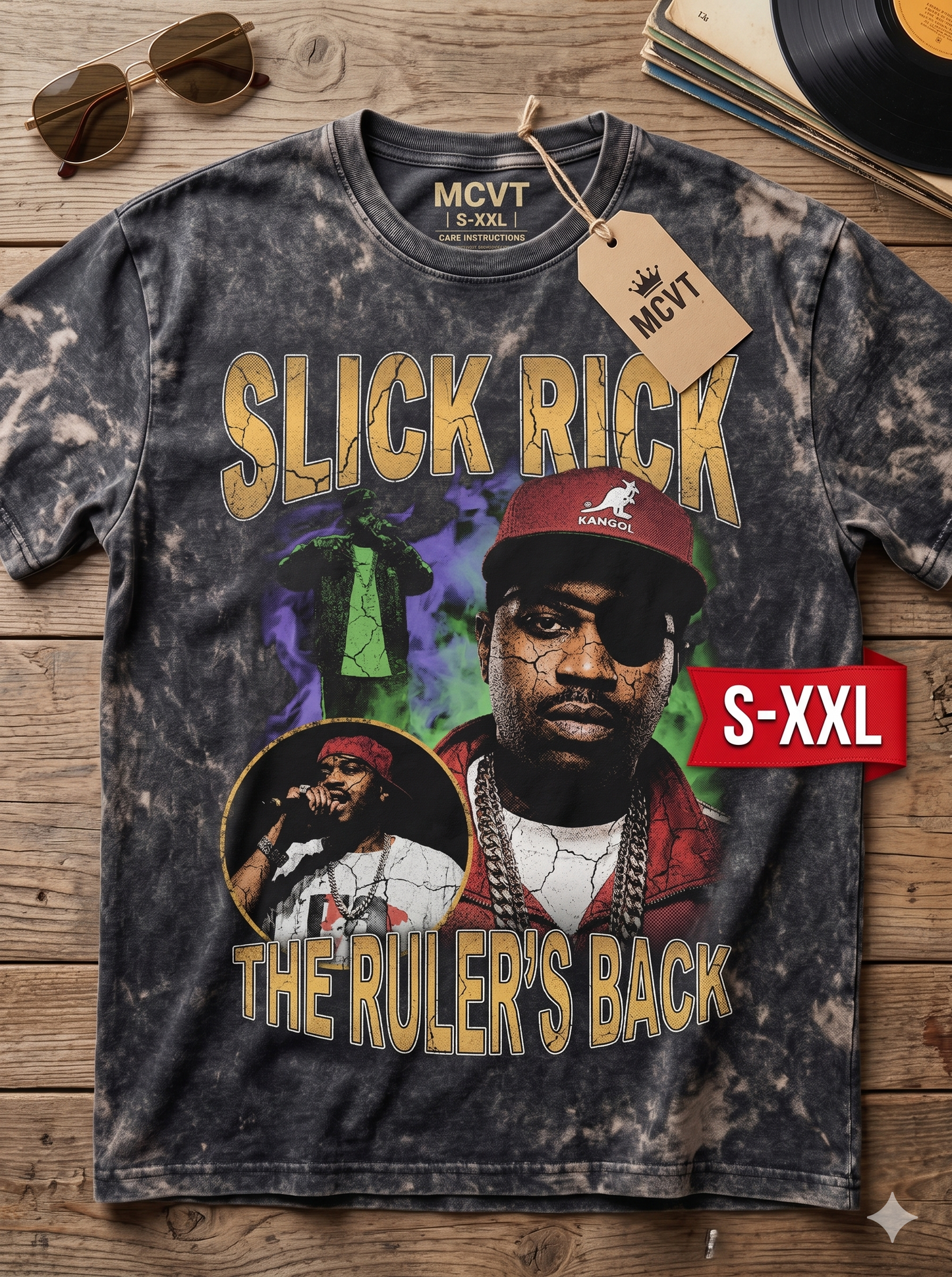 SLICK RICK Jumbo Print Acid Washed Vintage 90s Style Heavyweight T-Shirt