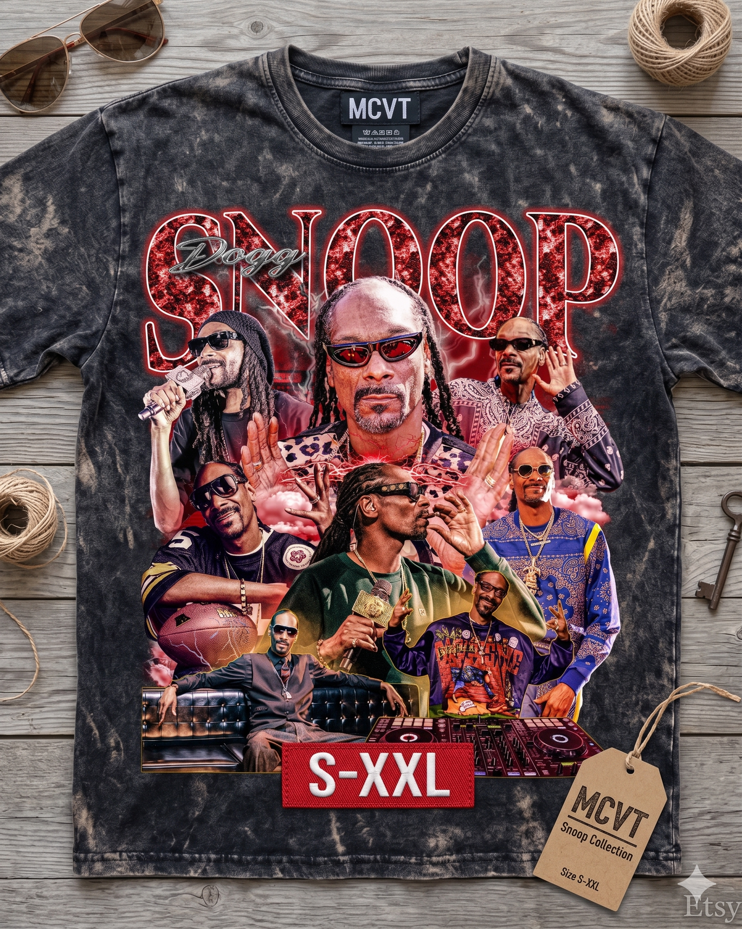 SNOOP Jumbo Print Acid Washed Vintage 90s Style Heavyweight T-Shirt