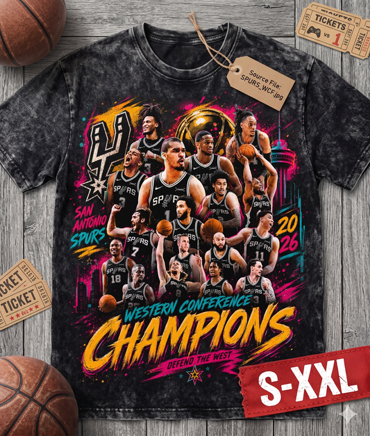 WCF CHAMPIONS Jumbo Print Acid Washed Vintage 90s Style Heavyweight T-Shirt