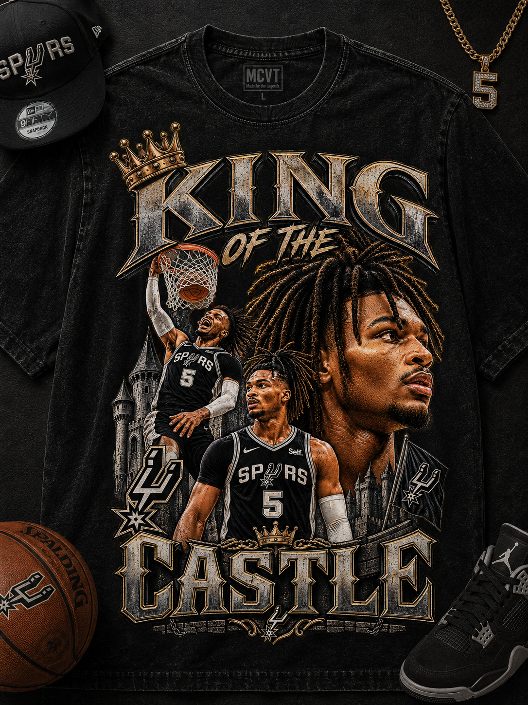 STEPHON CASTLE Jumbo Print Acid Washed Vintage 90s Style Heavyweight T-Shirt