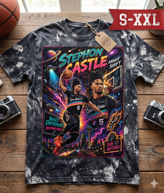 STEPHON CASTLE Jumbo Print Acid Washed Vintage 90s Style Heavyweight T Shirt