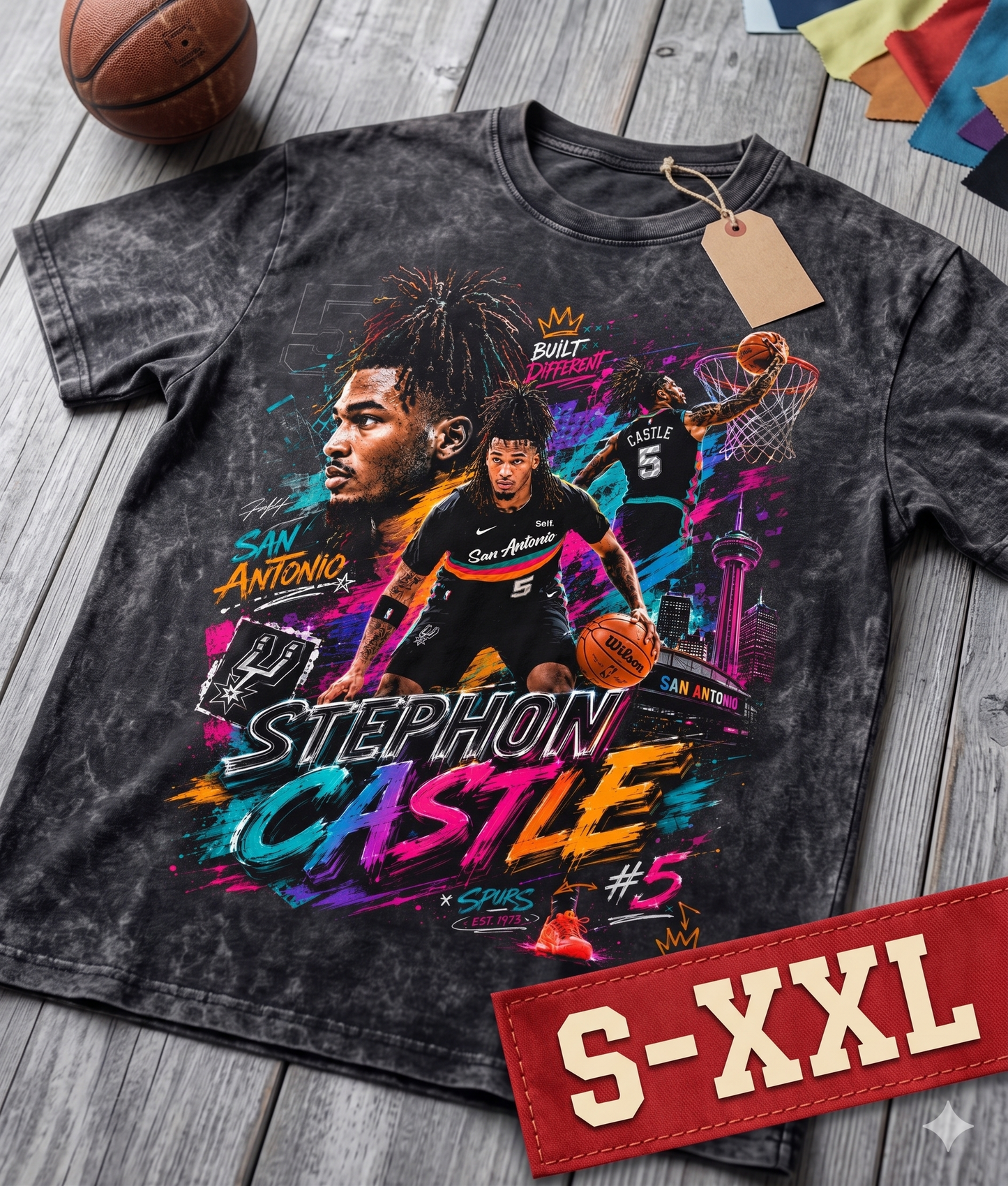 STEPHON CASTLE Jumbo Print Acid Washed Vintage 90s Style Heavyweight T-Shirt