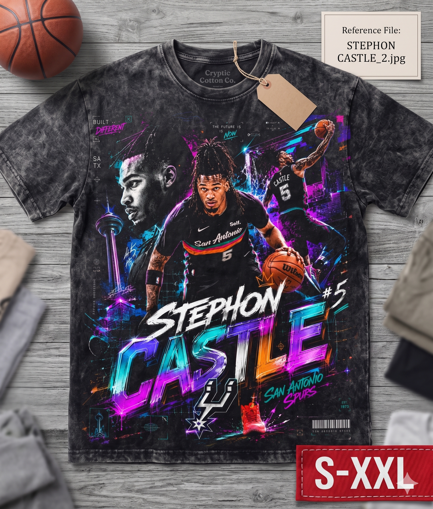 STEPHON CASTLE Jumbo Print Acid Washed Vintage 90s Style Heavyweight T-Shirt