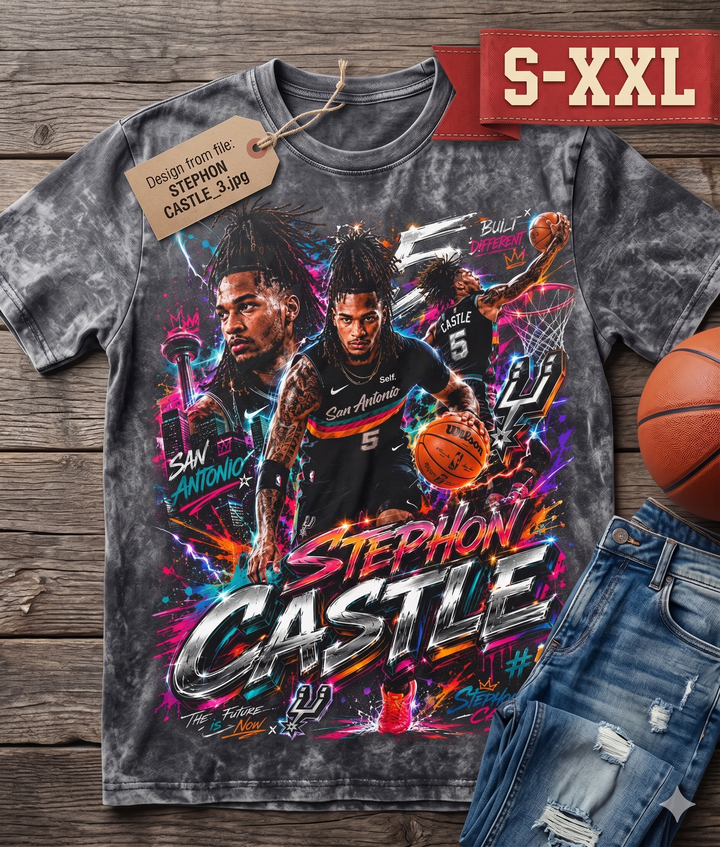 STEPHON CASTLE Jumbo Print Acid Washed Vintage 90s Style Heavyweight T-Shirt