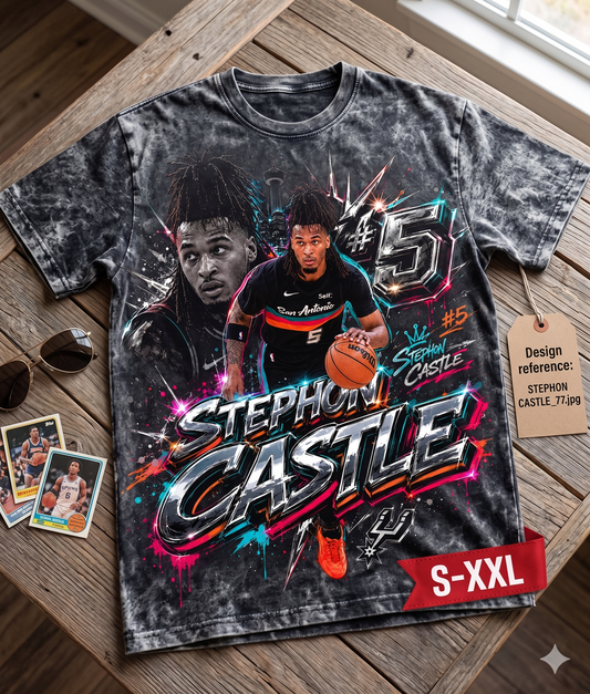 STEPHON CASTLE Jumbo Print Acid Washed Vintage 90s Style Heavyweight T-Shirt
