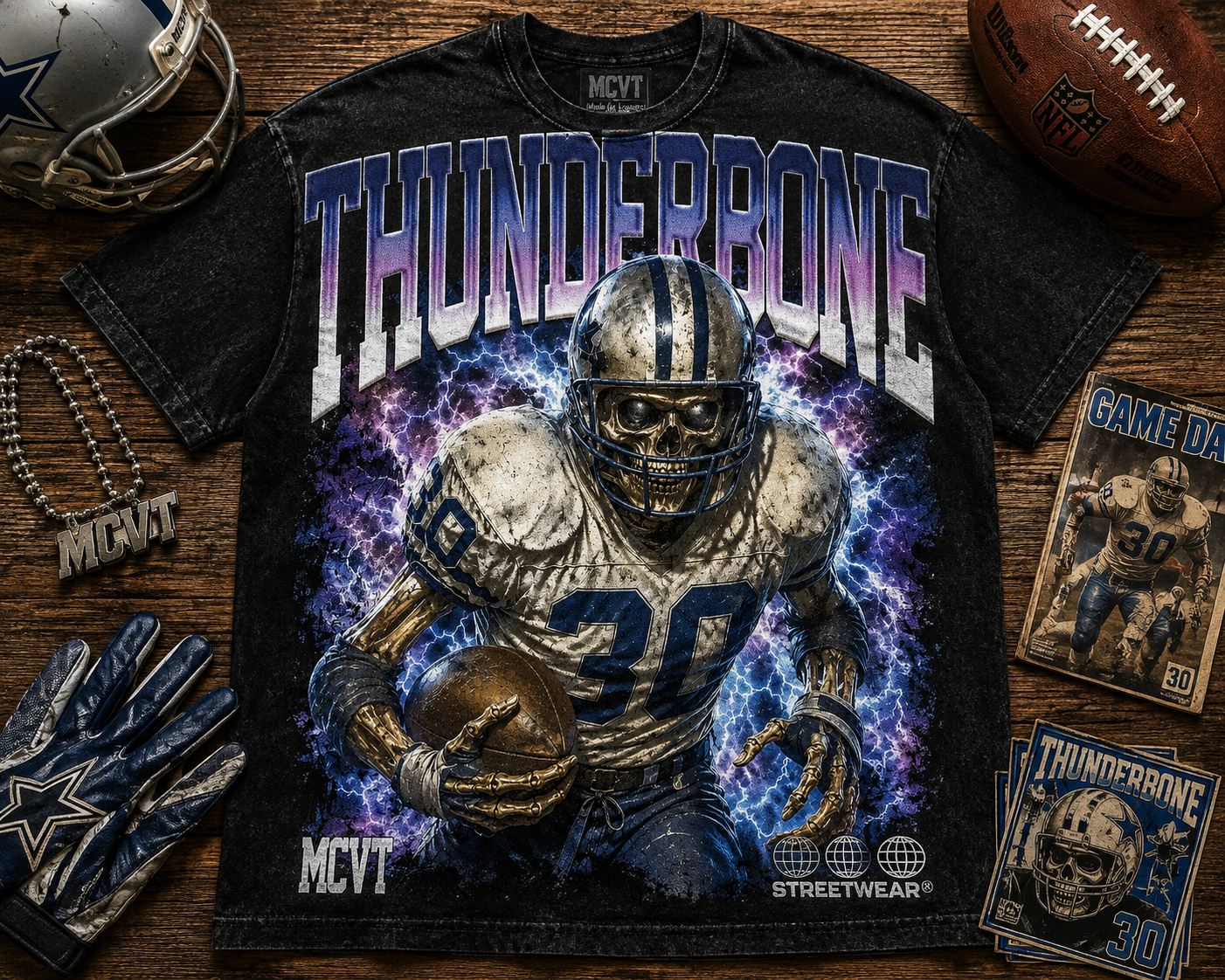 MCVT THUNDERBONE Jumbo Print Acid Washed Vintage 90s Style Heavyweight T-Shirt