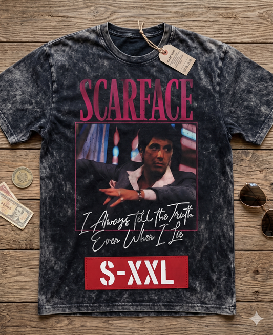 TONY SCARFACE MONTANA Jumbo Print Acid Washed Vintage 90s Style Heavyweight T-Shirt